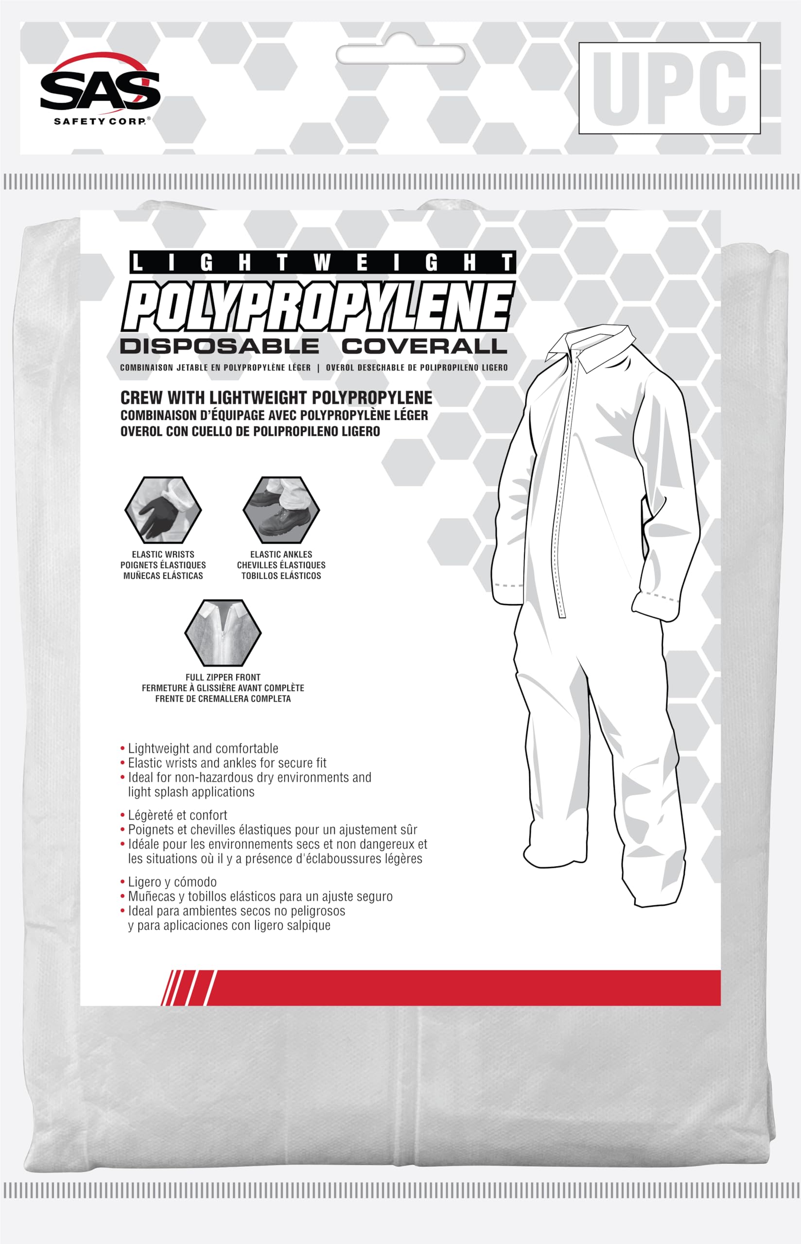 SAS Safety Corp Disposable Polypropylene Coveralls | General Purpose Crew Neck Work Coverall | Lightweight Elastic Wrist & Ankle Cuffs, Full Zipper Front for Medical, Painting, Lab, Factory (X-Large) - Image 3