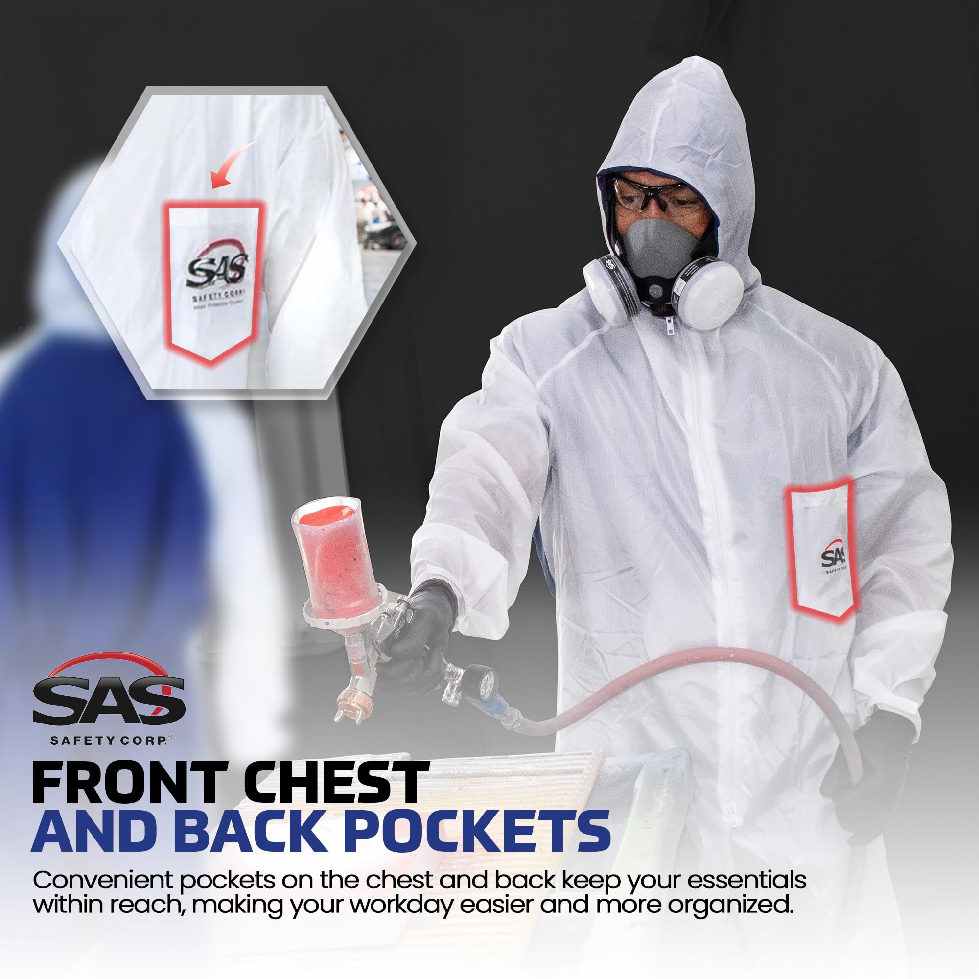 SAS Safety Corp Moonsuit Nylon and Cotton Coverall | Machine Washable Full Pullover with Hood Work Coveralls | Full Zipper Front, Elastic Waist with Pockets for Painting, Automotive, Factory (Medium) - Image 3