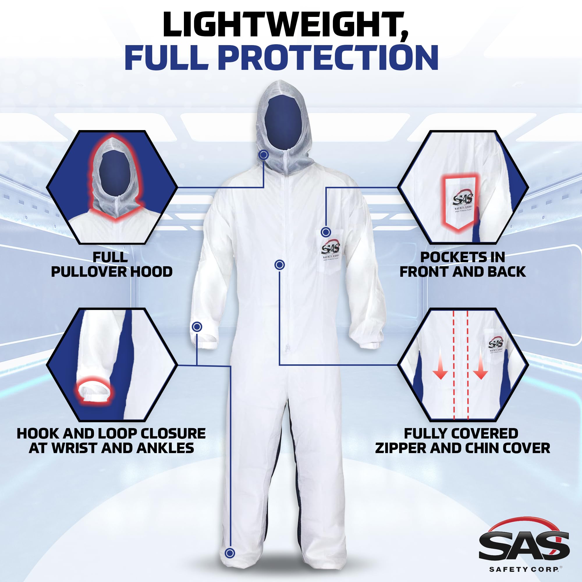 SAS Safety Corp Moonsuit Nylon and Cotton Coverall | Machine Washable Full Pullover with Hood Work Coveralls | Full Zipper Front, Elastic Waist with Pockets for Painting, Automotive, Factory (Medium) - Image 4