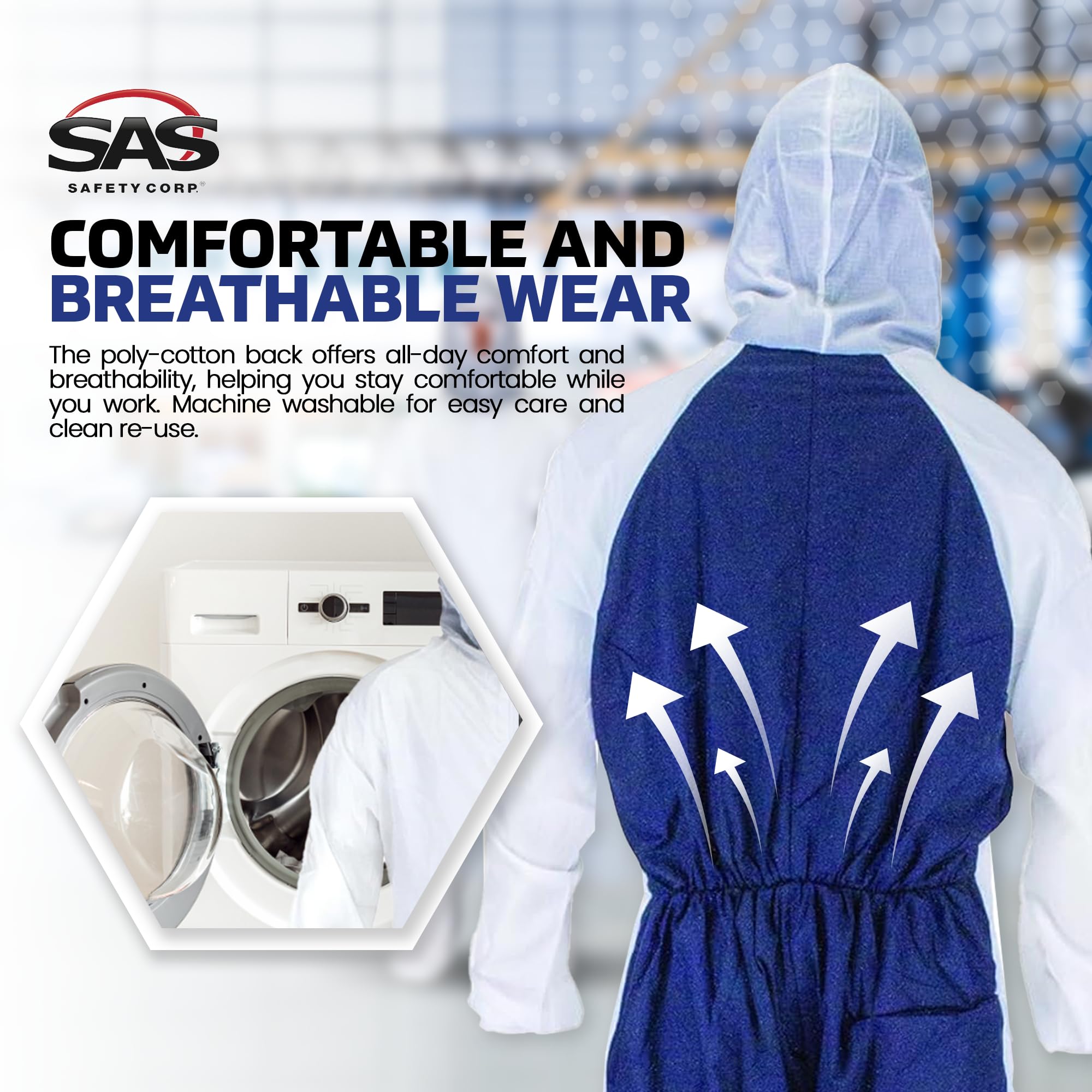 SAS Safety Corp Moonsuit Nylon and Cotton Coverall | Machine Washable Full Pullover with Hood Work Coveralls | Full Zipper Front, Elastic Waist with Pockets for Painting, Automotive, Factory (Medium) - Image 5